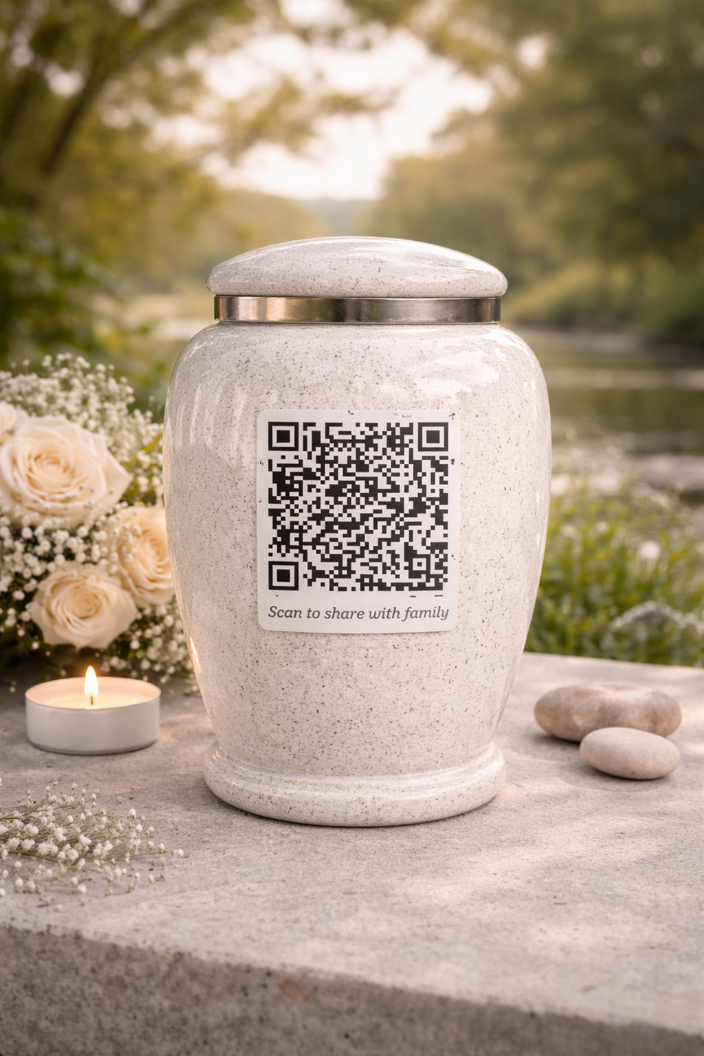 QR code placed on an ash vase memorial